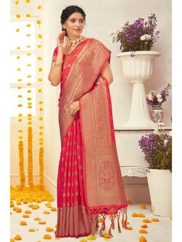 Sangam Prints - Pink Silk Woven Zari Work Traditional Tassel Saree with Unstitched Blouse