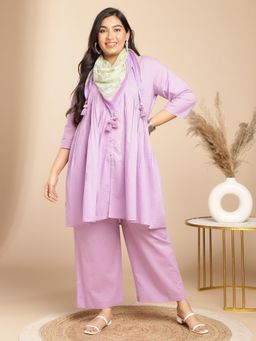 Janasya - Womens Plus Size Lavender Dobby Cotton Kurta and Pant with Flared Scarf (Set of 3)