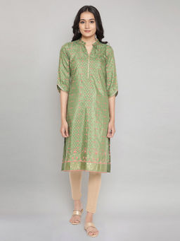Aurelia - Green Mandarin Collar Foil Print Straight Kurta
