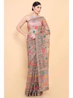 Soch - Women Beige Organza Printed Saree with Unstitched Blouse