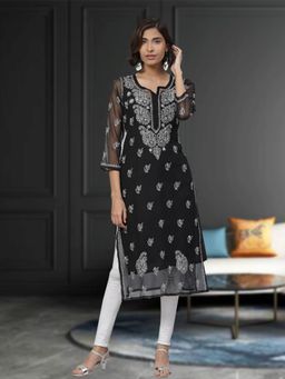ADA - Black Embroidered Kurta with Slip Inside (XS) (A411129)