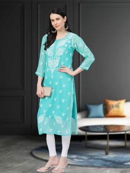 ADA - Embroidered Green Georgette Lucknow Chikan Kurta With Slip (Set of 2) (XS) (A411157)