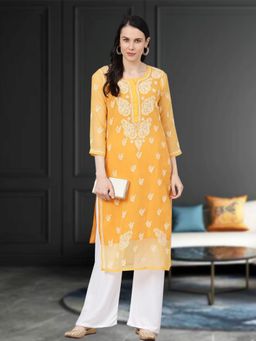 ADA - Embroidered Mustard Georgette Lucknow Chikan Kurta With Slip (Set of 2) (XS) (A411158)