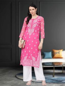ADA - Embroidered Pink Georgette Lucknow Chikan Kurta With Slip (Set of 2) (XS) (A411159)