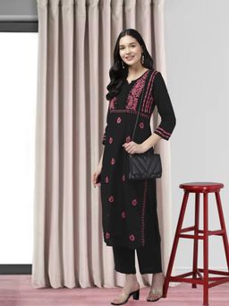ADA - Hand Embroidered Black/pink Cotton Lucknowi Stylish Chikankari Kurta