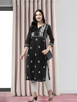ADA - Hand Embroidered Black/white Cotton Lucknowi Stylish Chikankari Kurta