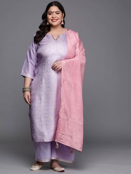 Extra love by Libas - Plus Size Women Lavender Woven Design Silk Blend Straight Kurta Sets for Women