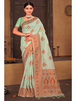 Sangam Prints - Turquoise Cotton Woven Zari Work Traditional Tassel Saree with Unstitched Blouse