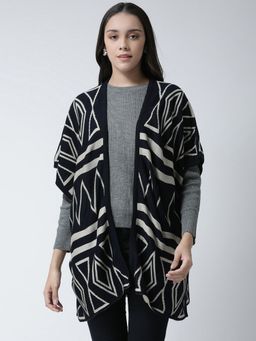 Club York - Women Navy Blue White Printed Open Front Shrug