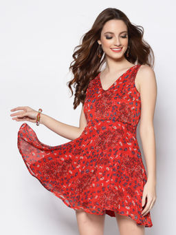 Sera - Red Floral Knee Length Dress