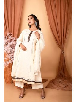 OSKOS - Ivory Cotton Anarkali Kurta With Palazzo And Dupatta (Set of 3)