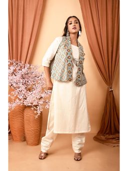 OSKOS - Ivory Kurta With Hand Embroidered Cotton Printed Jacket and Pant (Set of 3)