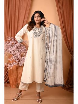 OSKOS - Ivory Hand Embroidered Cotton Kurta Mirror Detailing with Pant and Dupatta (Set of 3)