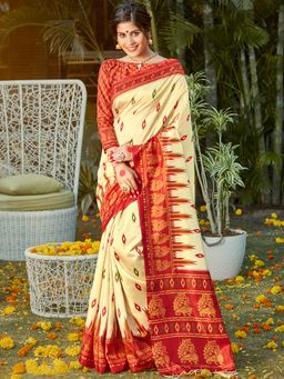 Akhilam - Womens Silk Blend Cream Digital Print Designer Saree with Unstitched Blouse