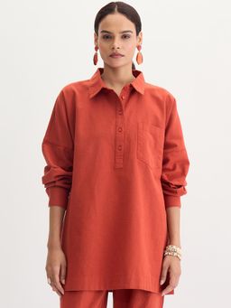 Femmella - Women Rust Linen Blend Solid Relaxed Fit Tunic