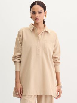Femmella - Women Beige Linen Blend Solid Relaxed Fit Tunic