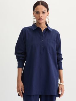 Femmella - Women Navy Blue Linen Blend Solid Relaxed Fit Tunic