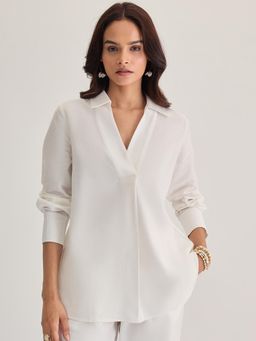 Femmella - Women White Linen Blend Solid Relaxed Fit Tunic