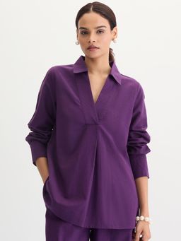 Femmella - Women Purple Linen Blend Solid Relaxed Fit Tunic