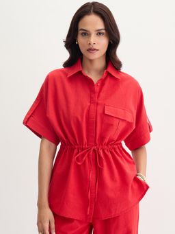 Femmella - Women Red Linen Blend Solid Relaxed Fit Shirt