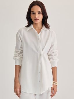 Femmella - Women White Linen Blend Solid Relaxed Fit Shirt