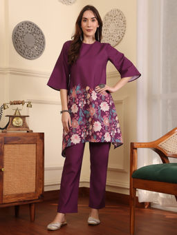 ADORNIA - Women Printed Regular Pure Cotton Burgundy Kurta with Pant (Set of 2)