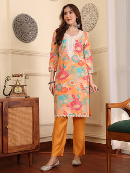 ADORNIA - Women Floral Printed Regular Patchwork Pure Cotton Orange Kurta with Pant (Set of 2)