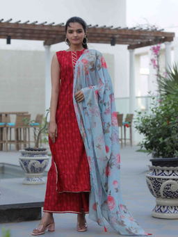 Ahalyaa - Women Ethnic Red Kurta with Palazzo & Dupatta (Set of 3)