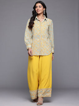 Ahalyaa - Mustard Printed Shirt with Top & Palazzo (Set of 3)