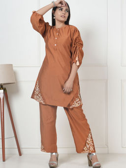 KAFTANIZE - Rust Orange Embroidered Tunic with Straight Pant (Set of 2)