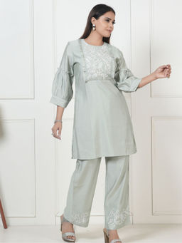 KAFTANIZE - Sage Green Embroidered Thread Work Viscose Tunic with Pant (Set of 2)