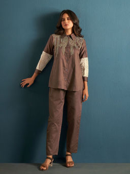 KAFTANIZE - Elegant Brown Cotton Satin & Schiffli Shirt Kurta with Pant (Set of 2)