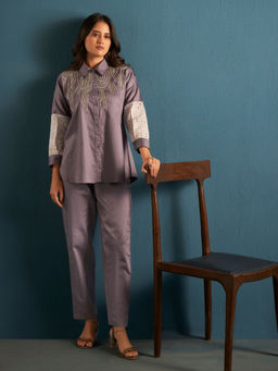 KAFTANIZE - Elegant Mauve Cotton Satin & Schiffli Shirt Kurta with Pant (Set of 2)