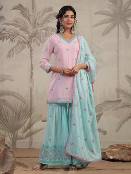 KAFTANIZE - Pastel & Bling Pink Blue Sharara Kurta and Sharara with Dupatta (Set of 3)
