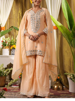 KAFTANIZE - Pastel & Bling Peach Kurta & Sharara with Dupatta (Set of 3)