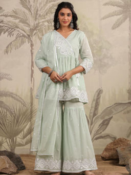 KAFTANIZE - Pastel & Bling Sage Green Ethnic Kurta & Sharara with Dupatta (Set of 3)