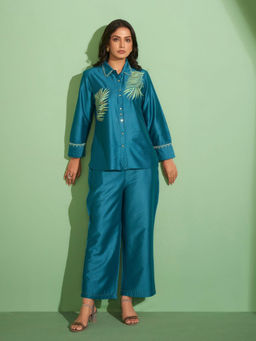 KAFTANIZE - Teal Blue Palm Leaf Cotton-Modal Co-Ord (Set of 2)