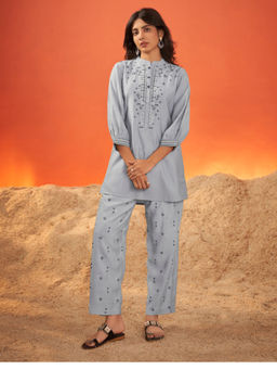 KAFTANIZE - Solid Grey Embroidered Viscose Co-Ord