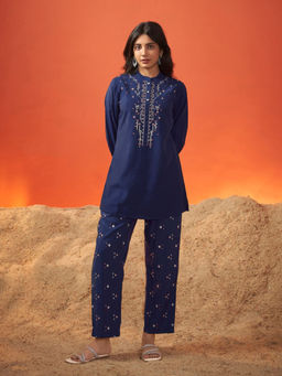 KAFTANIZE - Navy Blue Embroidered Viscose Co-Ord (Set of 2)