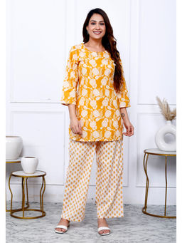 KAFTANIZE - Mustard Cotton Botanical Printed Kurta with Pant (Set of 2)