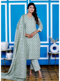 KAFTANIZE - Sage Green Diamond Shape Block Printed Kurta & Pant with Dupatta (Set of 3)