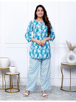 KAFTANIZE - Blue Cotton Botanical Printed Kurta with Pant (Set of 2)