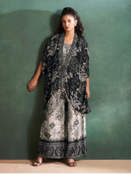 KAFTANIZE - Black Floral Printed Muslin Detailed Kurta with Pant & Shrug (Set of 3)