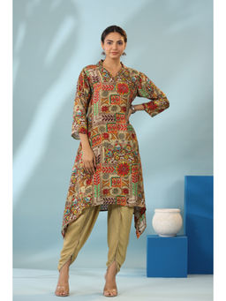 KAFTANIZE - Multi Color Muslin Placement Print Shawl Collar Kurta with Tulip Dhoti (Set of 2)