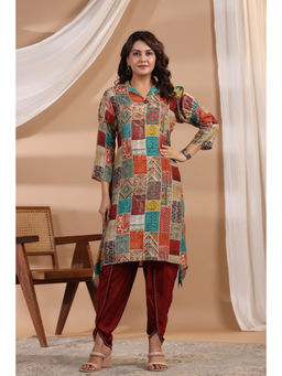 KAFTANIZE - Multi Color Patch Printed Shawl Collar Kurta with Tulip Dhoti (Set of 2)