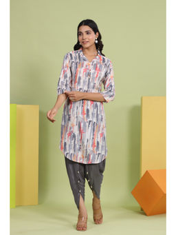 KAFTANIZE - Grey Abstract Printed Shawl Collar Kurta with Embellished Tulip Dhoti (Set of 2)