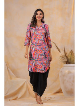 KAFTANIZE - Multi Abstract Printed Shawl Collar Kurta with Tulip Dhoti (Set of 2)