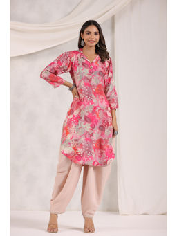 KAFTANIZE - Pink Floral Printed Muslin Shawl Collar Kurta with Tulip Dhoti (Set of 2)