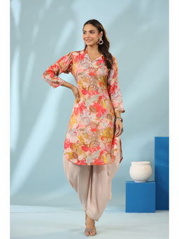 KAFTANIZE - Multi-Floral Printed Muslin Shawl Collar Kurta with Tulip Dhoti (Set of 2)