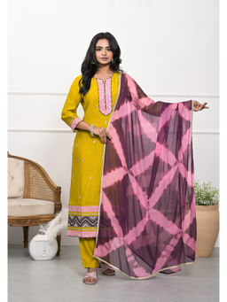 KAFTANIZE - Lime Green Mirror Work Embroidered Cuff & Hem Kurta and Pant with Dupatta (Set of 3)